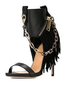 Sandales fabuleuses mode noires unicolore avec frange à bout ouvert