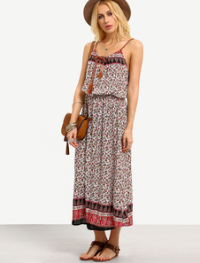 Dentelle bretelles imprimé Bohême robe Maxi