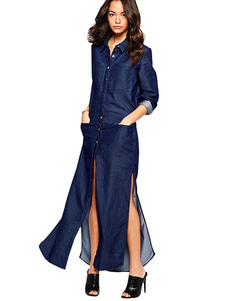 Robe longue bleue foncée en denim unicolore fendu avec poches col à revers
