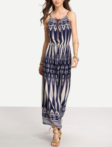Robe longue en acétate de cellulose impression avec lacets à bretelles