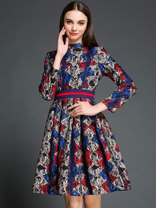 Élégente robe skater rétro en dentelle bleue impression plissé avec ceinture col montant