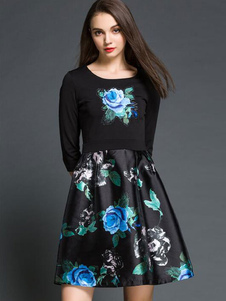 Belle robe skater doux en polyester noire impression style de faux deux-pièces col rond