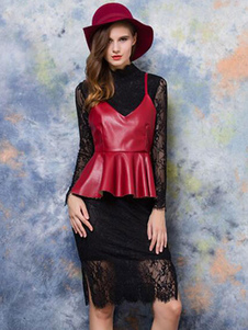 Robe Bodycon de dentelle noire et rouge Cami Top 2 pces