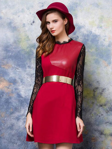 Chic robe skater sexy en PU bicolore à demi-transparence avec dentelle col montant