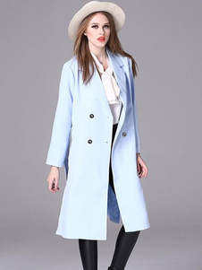 Fascinant manteau en polyester bleu océan unicolore avec bouton croisé col à revers