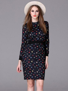 Éblouissante robe bodycon en polyester noire col rond impression