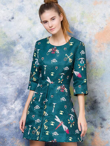 Robe d'été verte en polyester impression col rond