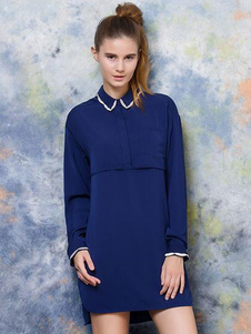Attrayante robe droite style européen en lin de coton bleue color-block style de faux deux-pièces av