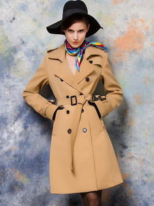 Chic manteau féminine en polyester kaki unicolore avec bouton croisé col à revers