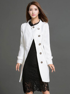 Charmant manteau en polyester blanc unicolore avec bouton col rond