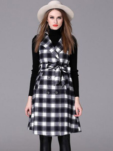 Éblouissant manteau en polyester écossais avec poches croisé col à revers