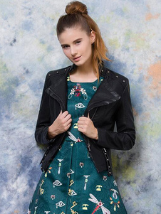 Motorcycle jacket noir en PU unicolore avec poches