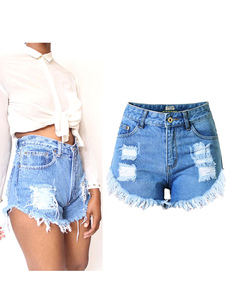 Chic short féminine en denim bleue unicolore avec frange troué à taille haute