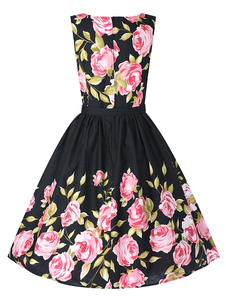 Attrayante robe skater rétro en lycra spandex noire impression moulant plissé col rond