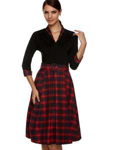 Magnifique robe skater rétro en coton écossais moulant plissé col V