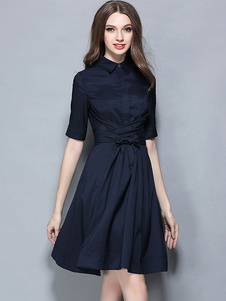 Élégente robe skater mode en polyester bleue marine foncé unicolore croisé avant plissé col large