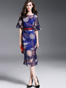 Robe longue bleue en fausse soie impression à demi-transparence plissé col rond