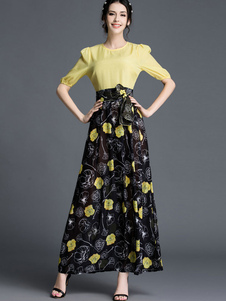 Robe longue jaune impression à demi-transparence plissé col rond