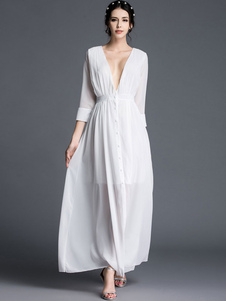 Robe longue blanche en chiffon unicolore à demi-transparence plissé effet décolleté
