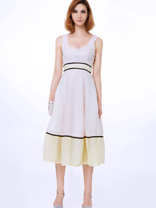 Belle robe skater mode en rayonne blanche color-block à demi-transparence plissé col rond