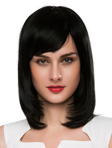 Moyenne des femmes perruques perruques de cheveux tout droit humains perruques noir avec frange bala
