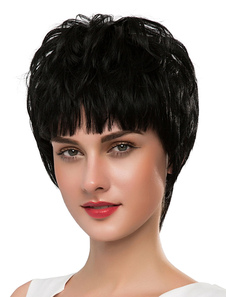 Court-perruques cheveux noirs bouclés perruques féminines avec frange