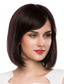 Moyen droite perruques femmes perruques perruques bruns foncé avec frange balayée par le côté