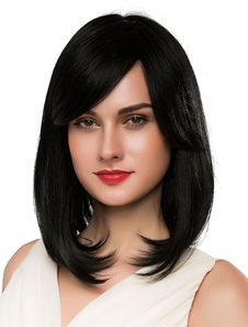 Cheveu noir perruques vrais cheveux perruques longs féminines avec frange balayée par le côté