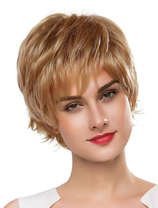 Perruques de cheveux humains châtain clair courts bouclés perruques féminines avec frange