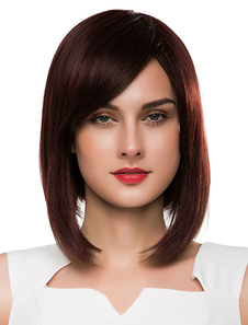 Brune cheveux perruques des perruques droites moyennes avec frange balayée par le côté