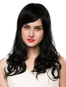 Long noir perruques bouclés vrais cheveux perruques cheveux humain féminin avec frange