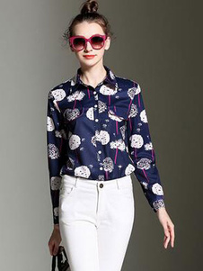 Chemise manches longues bleu Print Blouse pour femmes