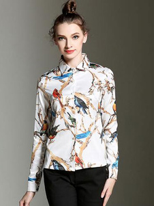 Chemises blanches manches longues oiseaux femmes imprimer conception irrégulière chemisiers décontra