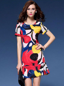 Chic robe skater doux en polyester rouge impression plissé à volants col rond