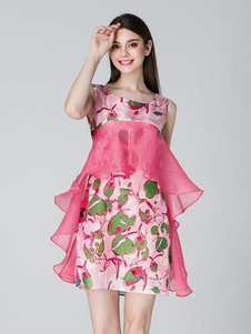 Robe d'été rose en organza impression à volants col rond