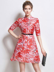 Chic robe skater doux en polyester impression plissé avec bouton col large