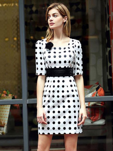 Robe d'été blanche en polyester à pois avec ceinture col carré