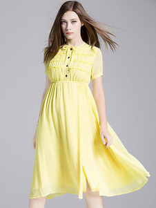 Séduisante robe skater douse en chiffon beige unicolore plissé avec lacets col rond