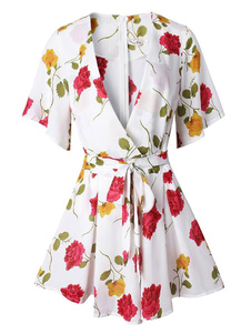 Manches courtes blanc barboteuse avec plongeon Sexy imprimé Floral