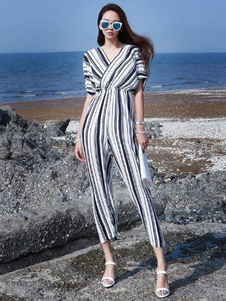 Combinaison rayée à col v bicolore manches demi taille haute basse en arrière pour les femmes