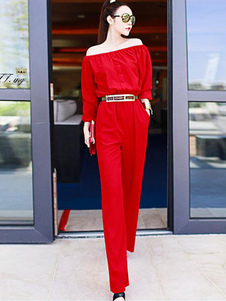 Red Jumpsuit hors de l’épaule Sexy manche longue avec ceinture