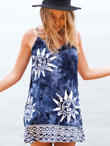 Charmante robe droite mode en spandex bleu impression à dos décolleté imprimé fleuri et bretelles