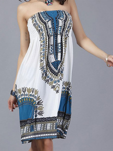 Fantastique robe droite classique en spandex bleu impression à dos décolleté imprimé fleuri bustier