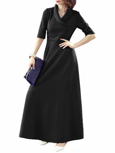 Robe longue en polyester unicolore avec col à revers