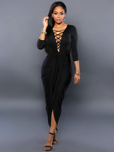 Plongeante sexy Bodycon longue robe lacets Cut Out Party Dress In Black/Blue