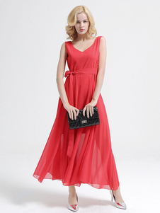 Rouge/noir Maxi robe mousseline de soie sans manches V cou Backless longue robe d’été