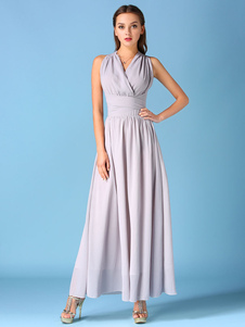 Robe d’été longue cou gris Maxi robe sans manches V