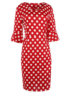 Bell manches Polka Dot Midi Bodycon Dress