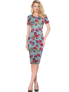 Robe Vintage bleue à manches courtes imprimé Floral robe Bodycon d’été
