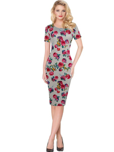 Robe Vintage bleue à manches courtes imprimé Floral robe Bodycon d’été